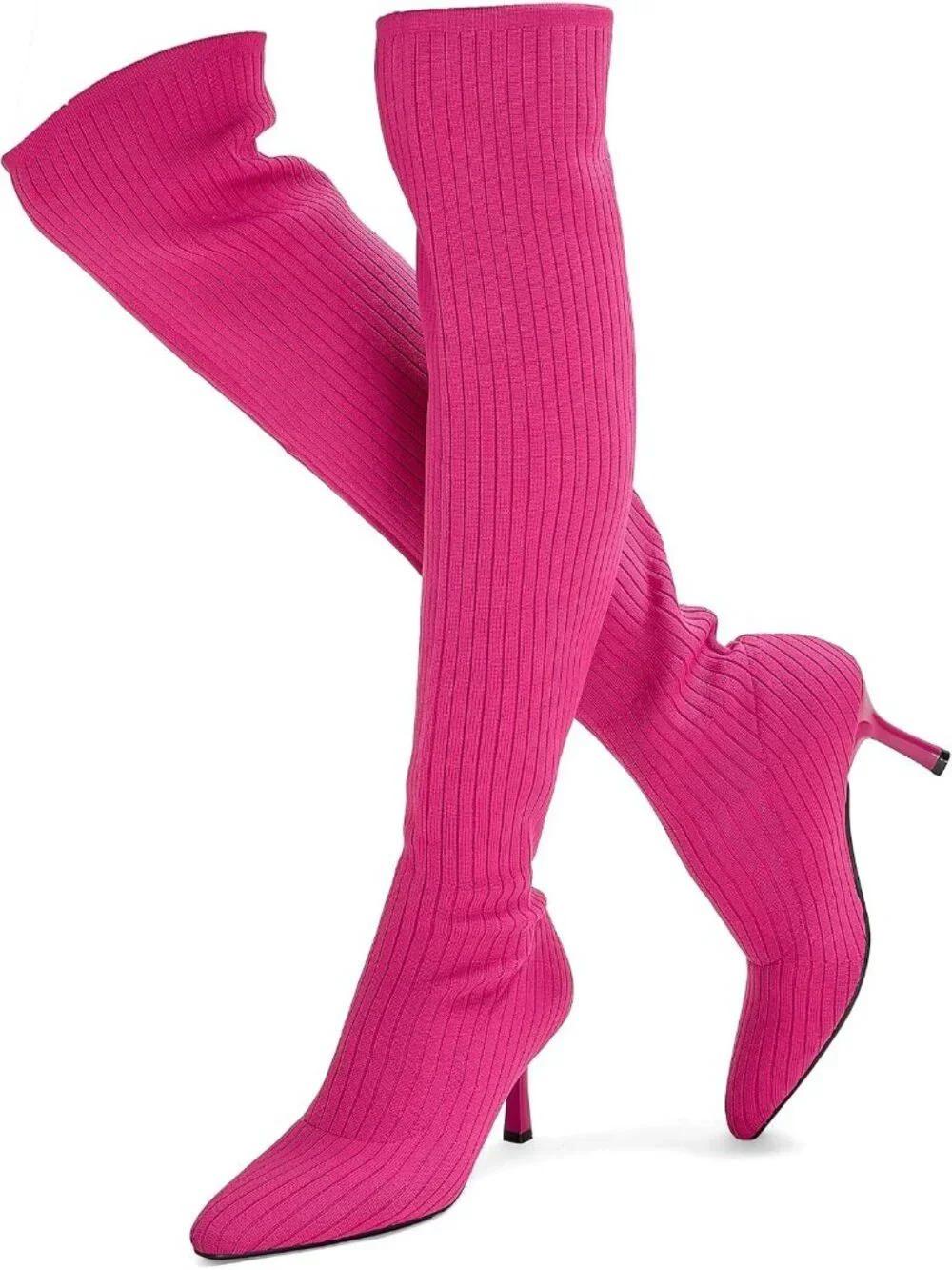Women's Pink Pointed Toe Synthetic High Heel Stretch Over The Knee Knit Boots